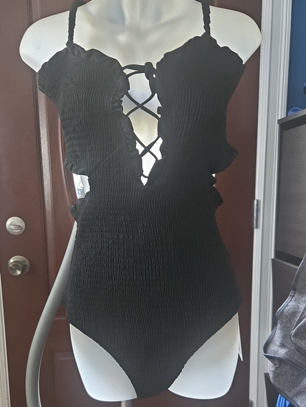 Sea New York Black Smocked Cutout One Piece Bathing Suit,Deep Lace-Up Front, NWT